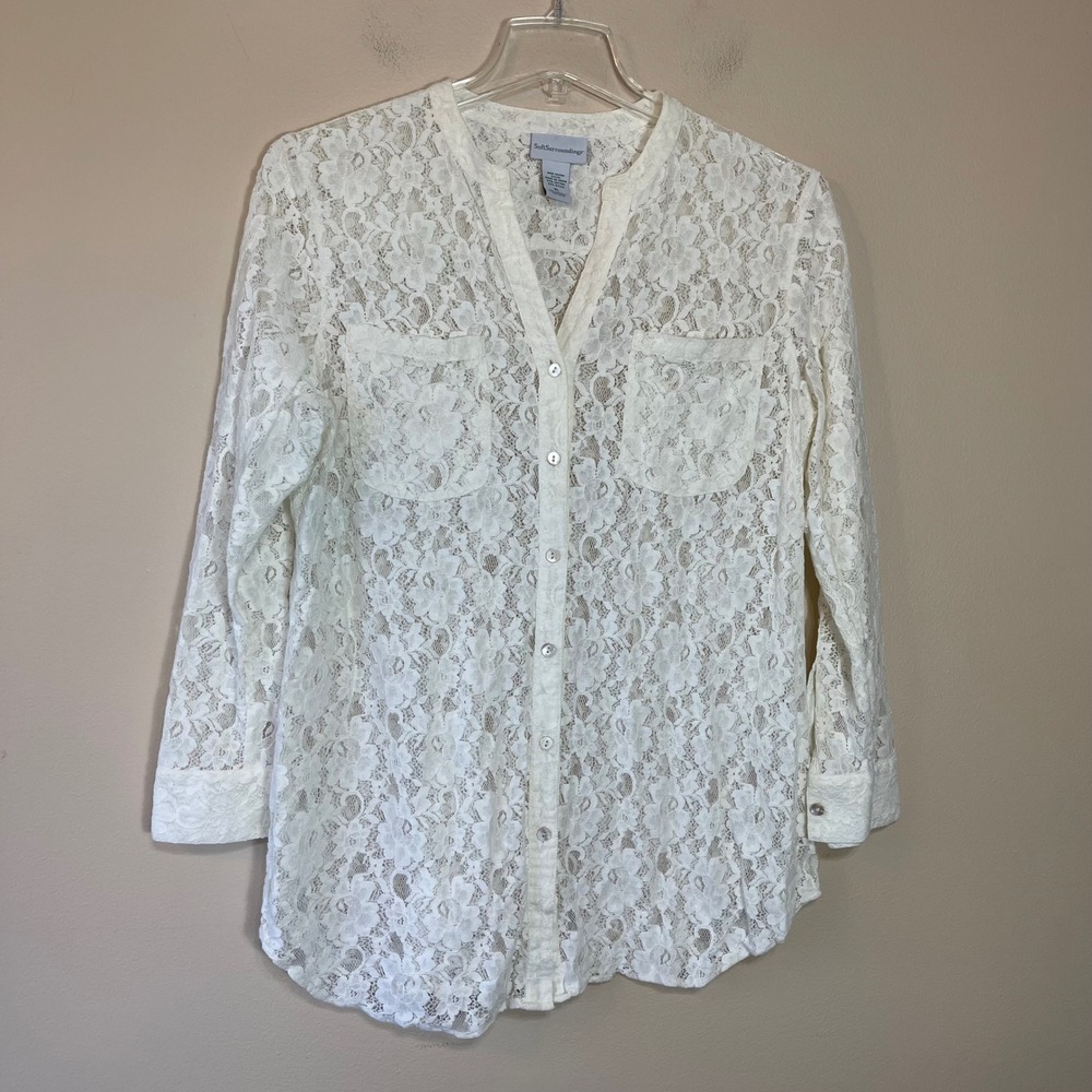 Soft Surroundings Women XL Cream Floral Lace Button Down Shirt Long Sleeve Top